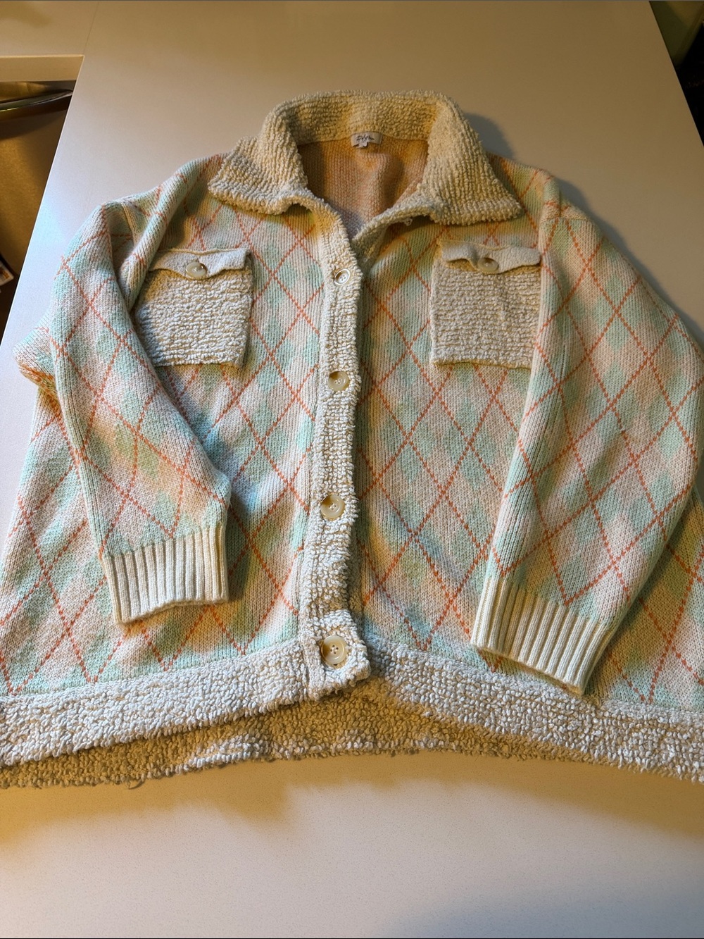 Polagram Pastel Argyle Sherpa-Trim Button Cardigan